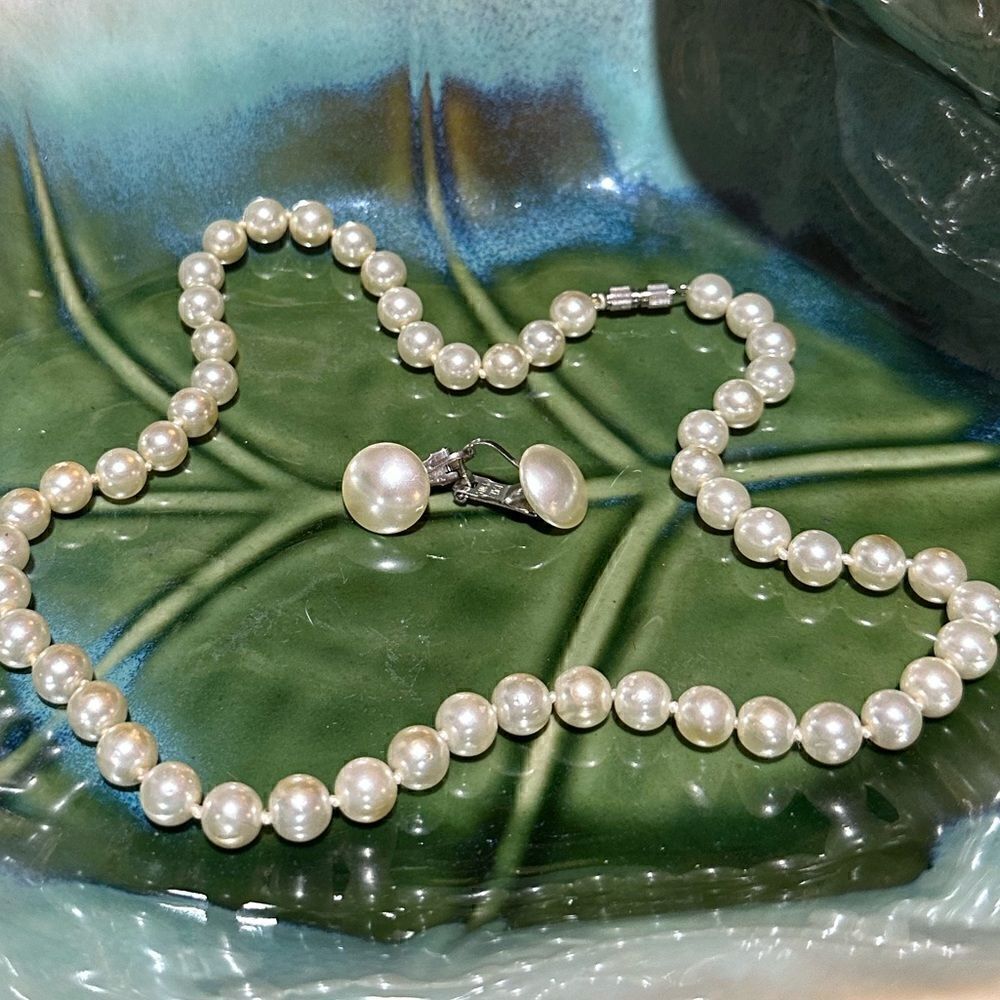 Vintage Set of Glass Pearls for 18” with Matching Vintage Clip on Earrings
